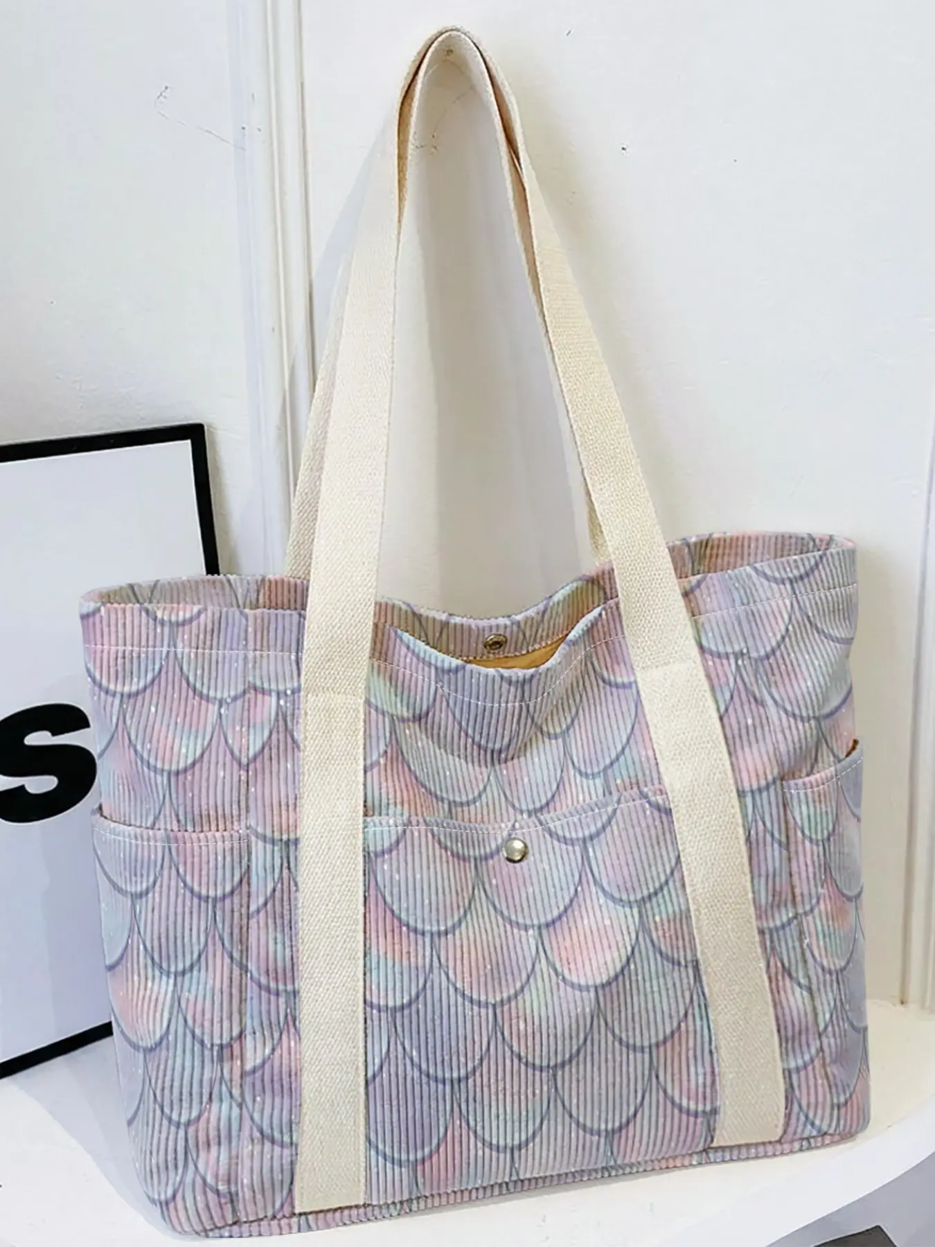 Women's tote bag, Iridescent Glitter Mermaid Scale Pattern 2D Print, Multi-pocket travel tote with wide strap, fit for daily, school and shopping.