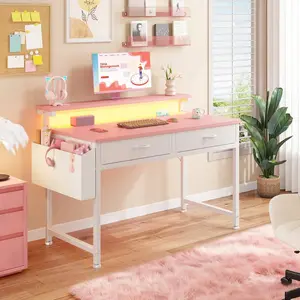 Women's 39.4" Pink Office Desk - LED Strip Lights, Ergonomic Monitor Stand, 2 Fabric Drawers, Side Pocket - Home Office Commercial Furniture Workstation