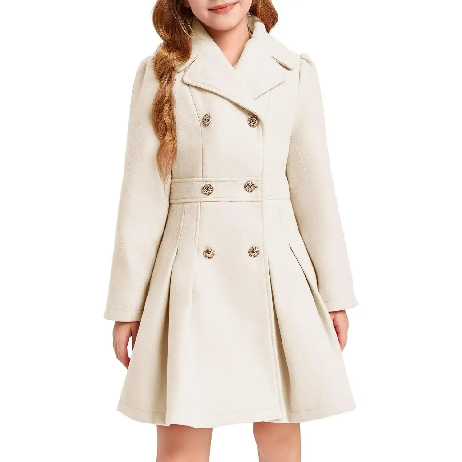 Girls Winter Dress Coat Button Peacoat Notch Lapel Double Breasted Outerwear with Pockets 5-14 Years