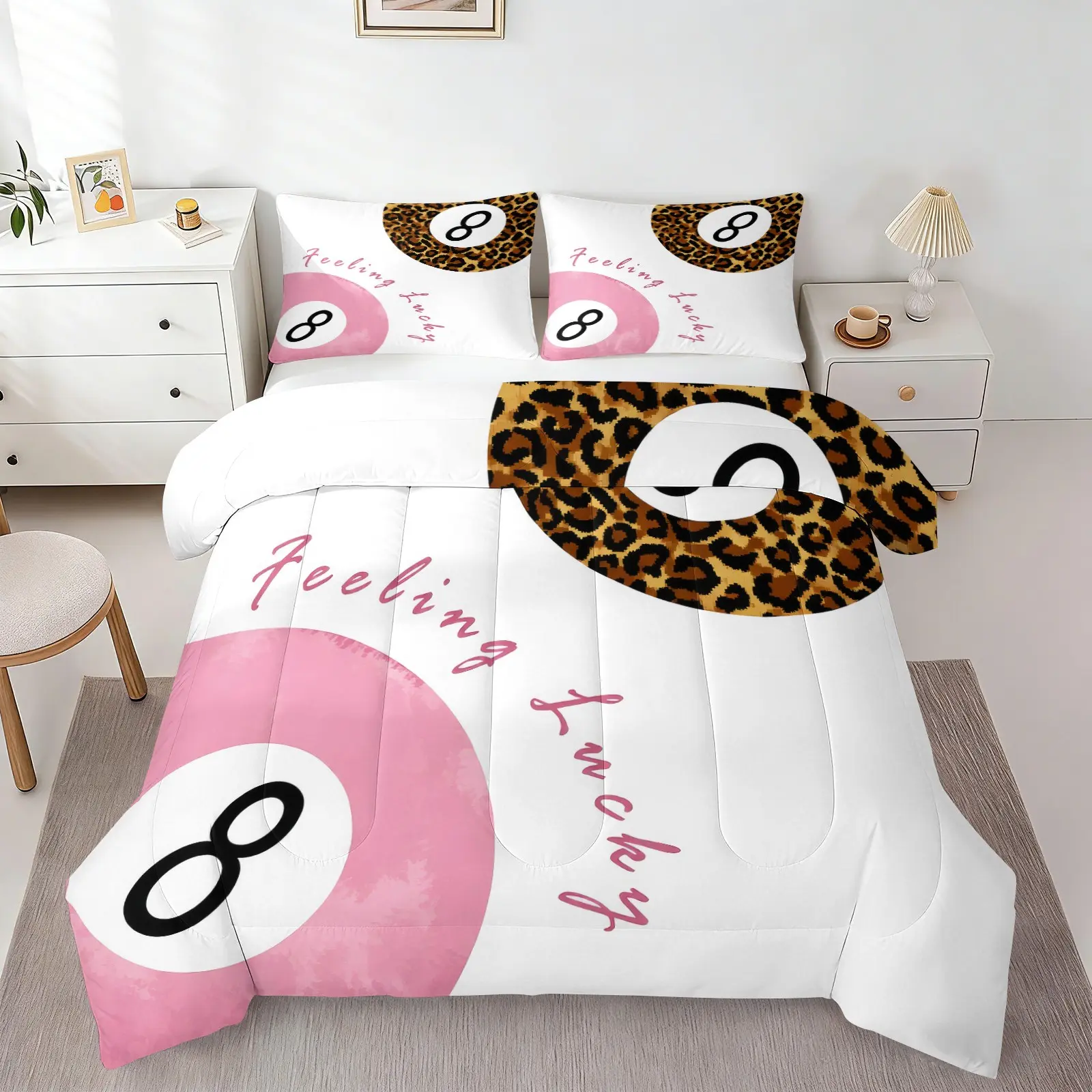 Trendy Leopard Lucky 8 Ball Comforter Set, 1 Quilt & 1/2 Pillowcase No Pillow Insert, Soft Aesthetic Bedding Set, Preppy Stylish Room Decor for Teen Girls Dorm & Bedroom Renovation