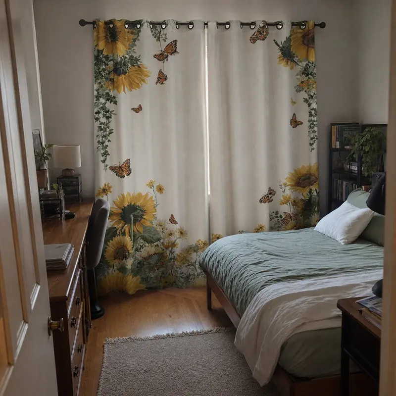 USA-Made 1-Piece Soft Polyester Fiber Colorful Curtain - Rod Pocket Drapery with 2D Printed Sunflowers, Butterflies, Animals, Nature Print, Machine Washable, Durable, Dustproof, Fade Resistant, Easy-Install for Bedroom Decor, Balcony