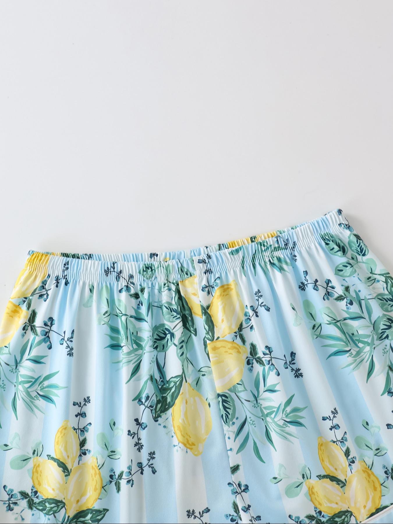 Women's Lemon Print Short Sleeve Pajama Set, Fruit Print Pajama, Button Front Chest Pocket Design Lapel Neck Shortsleeve Top & Elastic Waist Shorts Set, Ladies Summer Sleepwear