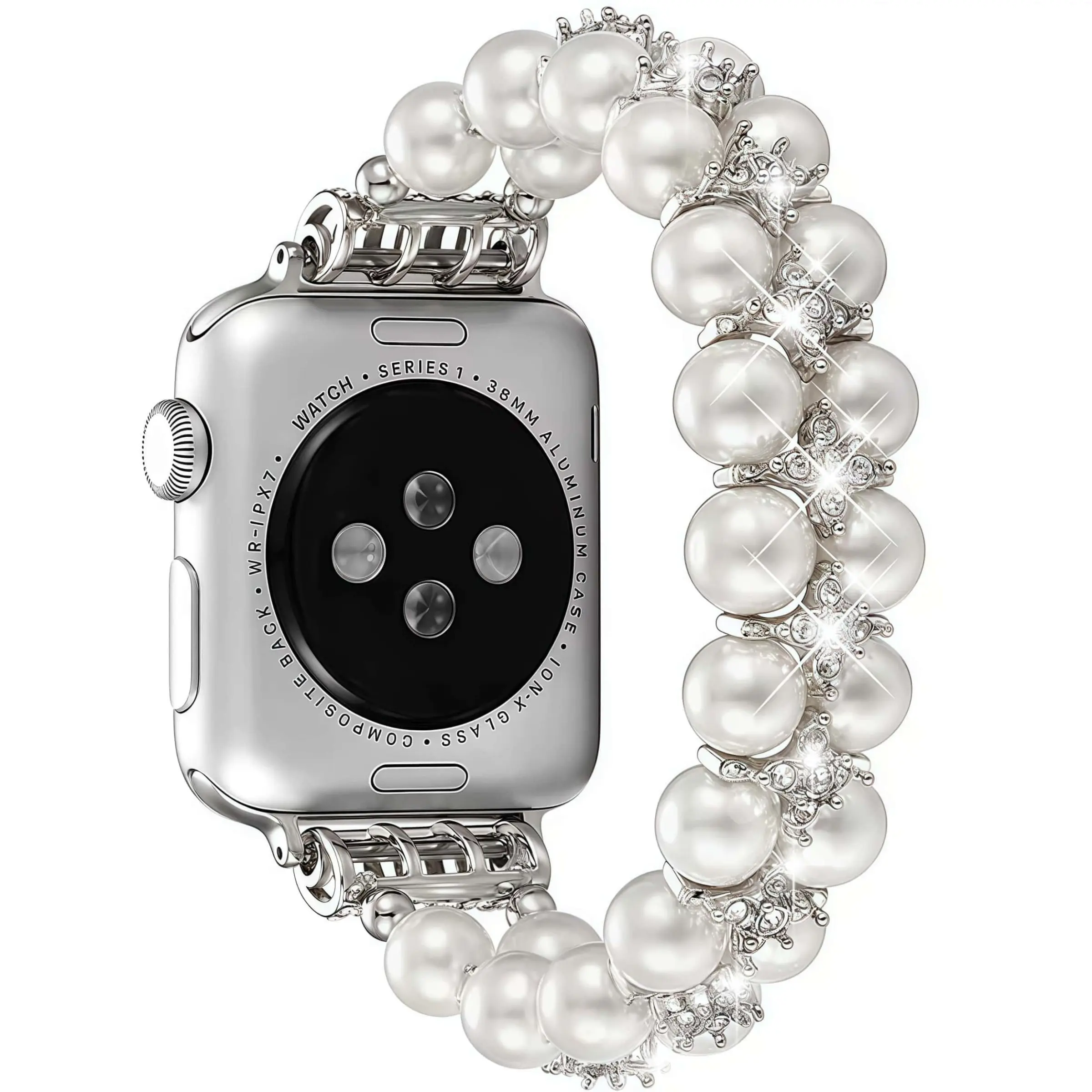 Pearl Beaded Bracelet Compatible with Apple Watch Bands for Women 40mm 41mm 42mm 38mm Thin Dressy Metal Bling Jewelry Wristband,Stretchy Bead Strap for iWatch SE 3/2 Series 12-1, Smartwatch Replacement Straps