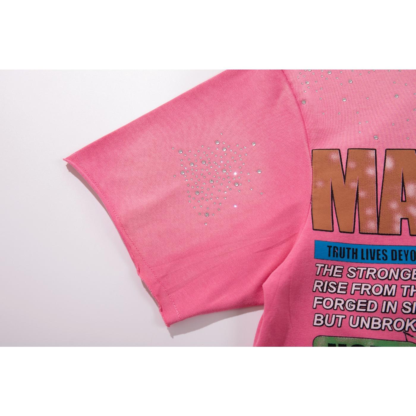 MAJESTIK New American High-Street Streetwear, Vintage Washed Distressed Frayed Edges, Heavy Rhinestone Inlay, Jesus & Virgin Mary Graphic Print, Black Y2K Hip Hop Crew Neck Short Sleeve Cotton T-Shirt Tops