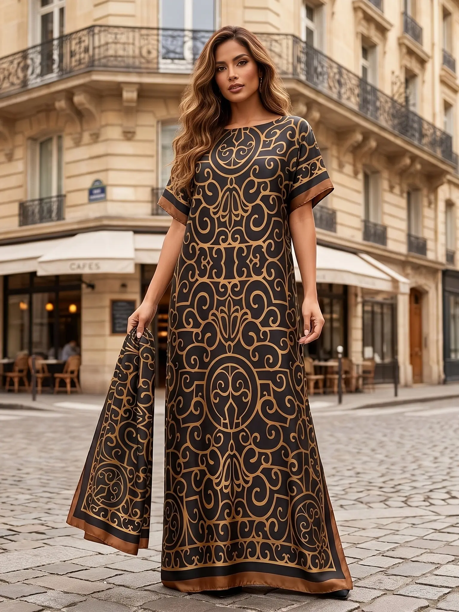 2-Piece Plus Size Luxury Black Gold Caftan Dress Set with Scarf, Women's Baroque Printed Silk Satin Maxi Dress, Elegant Plus Size Loose Loungewear Streetwear