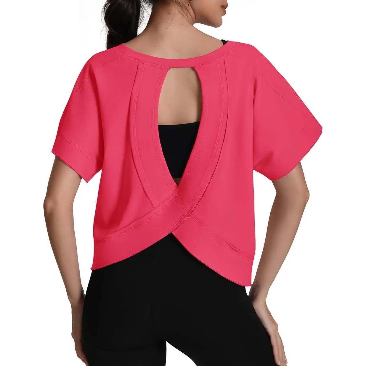 Womens Open Back Workout Tops Oversized Boxy T Shirts Cotton Short Sleeve Backless Crop Yoga Tees  Summer