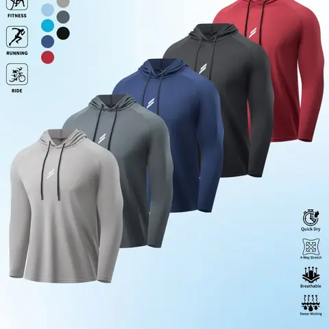 Men's Long Sleeve Sporty Hoodie, Breathable Moisture-Wicking, Reflective Logo, Plain Color, Polyester Knit, Athletic Apparel, Ideal for Sports & Daily Wear, Athletic Top
