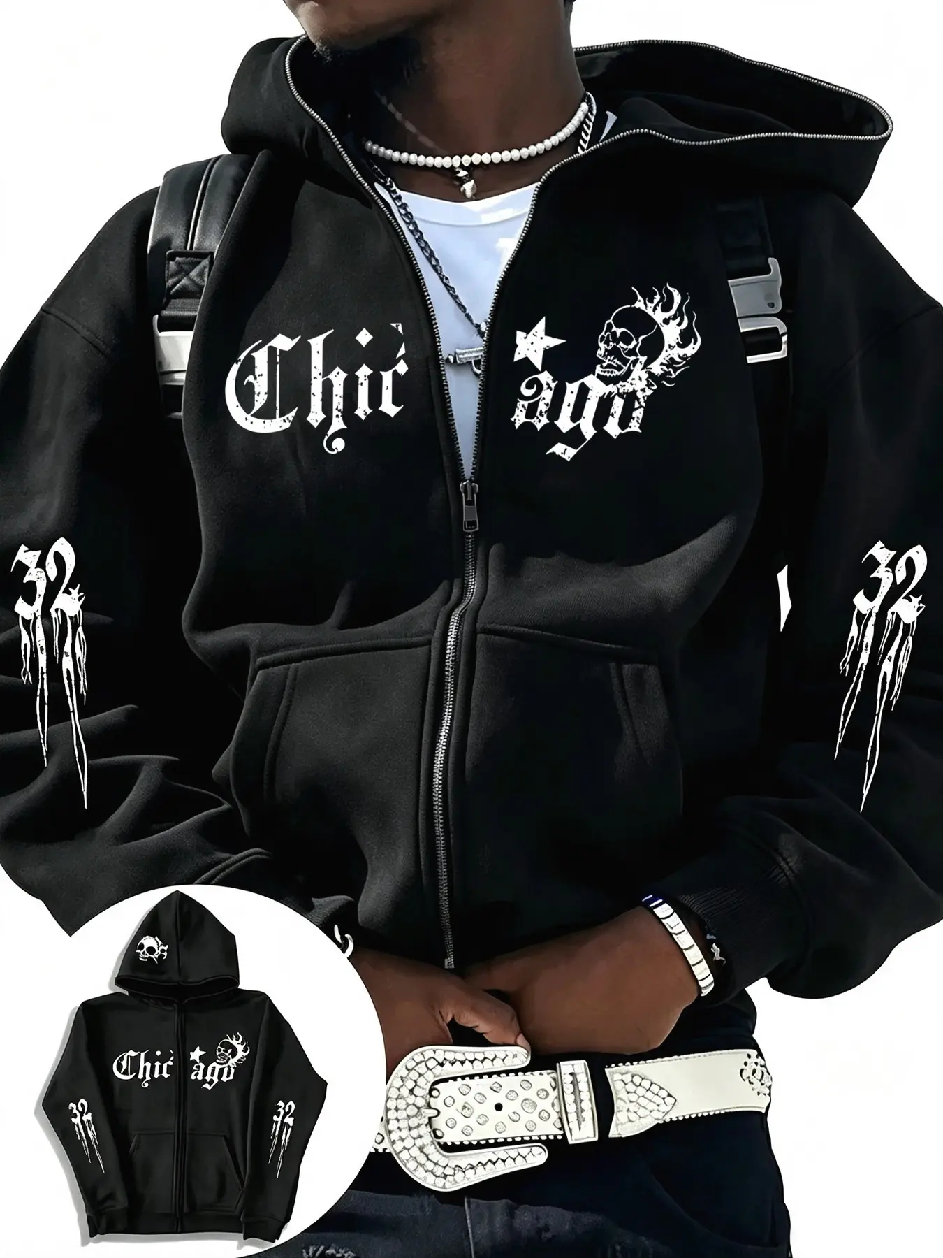 Gothic Chicago Skull Print Zipper Hoodie, Ink Drop Sleeves, Graffiti Print Jacket, Perfect for Outdoor Activities and Daily Wear