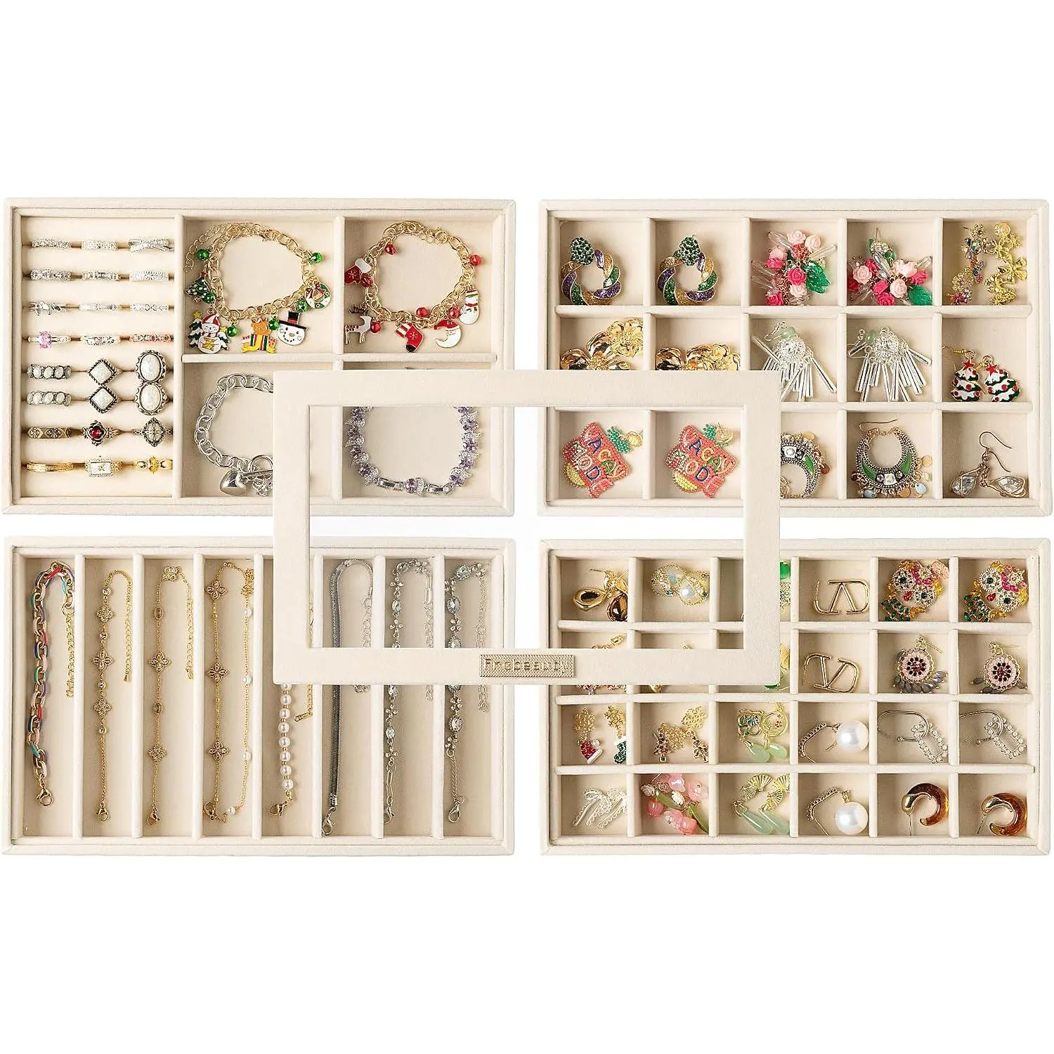 Stackable  Trays,  Drawer  Organizer with Glass Lid,5 in 1 Multi-Functional  Storage for Earrings Necklaces Rings, 10.5 x 6.5 x 5.55 Inches  for Women(Beige)