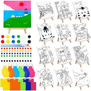 48 Pcs Kids Paint Party Favors Set, Includes 12 Pre-Drawn Animal Canvas Panels, Wooden Easels, Paint Pots, Brushes, 12 Mini Aprons & Tote Bags for Girls Boys Students