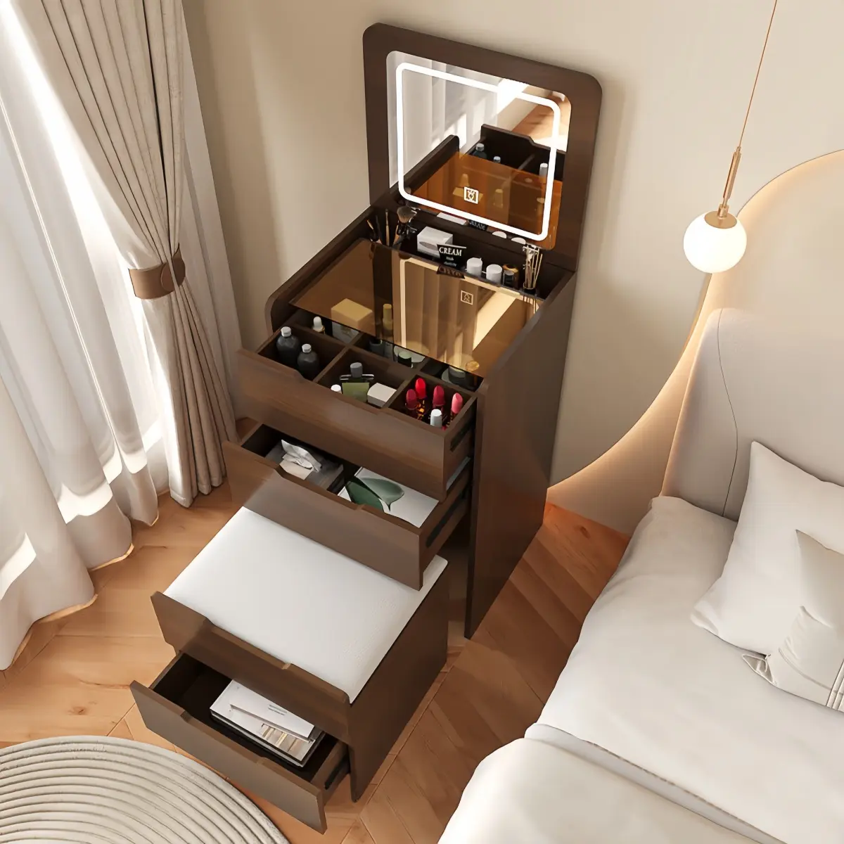 48cm Walnut 3-in-1 Vanity Desk with Flip-Top Mirror, Visible Glass Desktop, and 3 Drawers, Compact Indoor Makeup Dressing Table