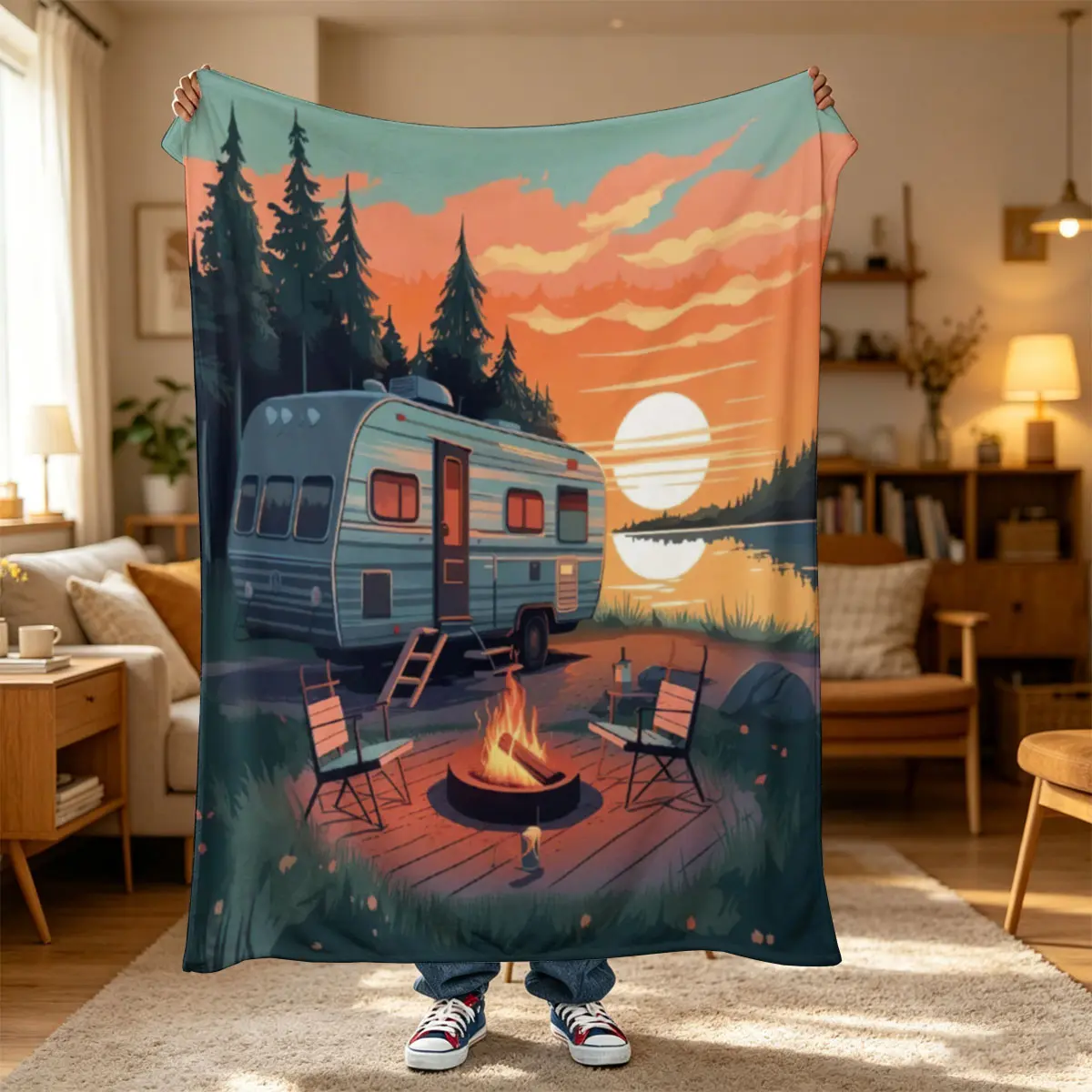 One PC Short Plush Flannel Blanket,Sunset & RV Pattern,Cozy flannel blanket, washable durable, keeps shape. Naps at home office dorm, bedroom decor, holiday multi-purpose blanket