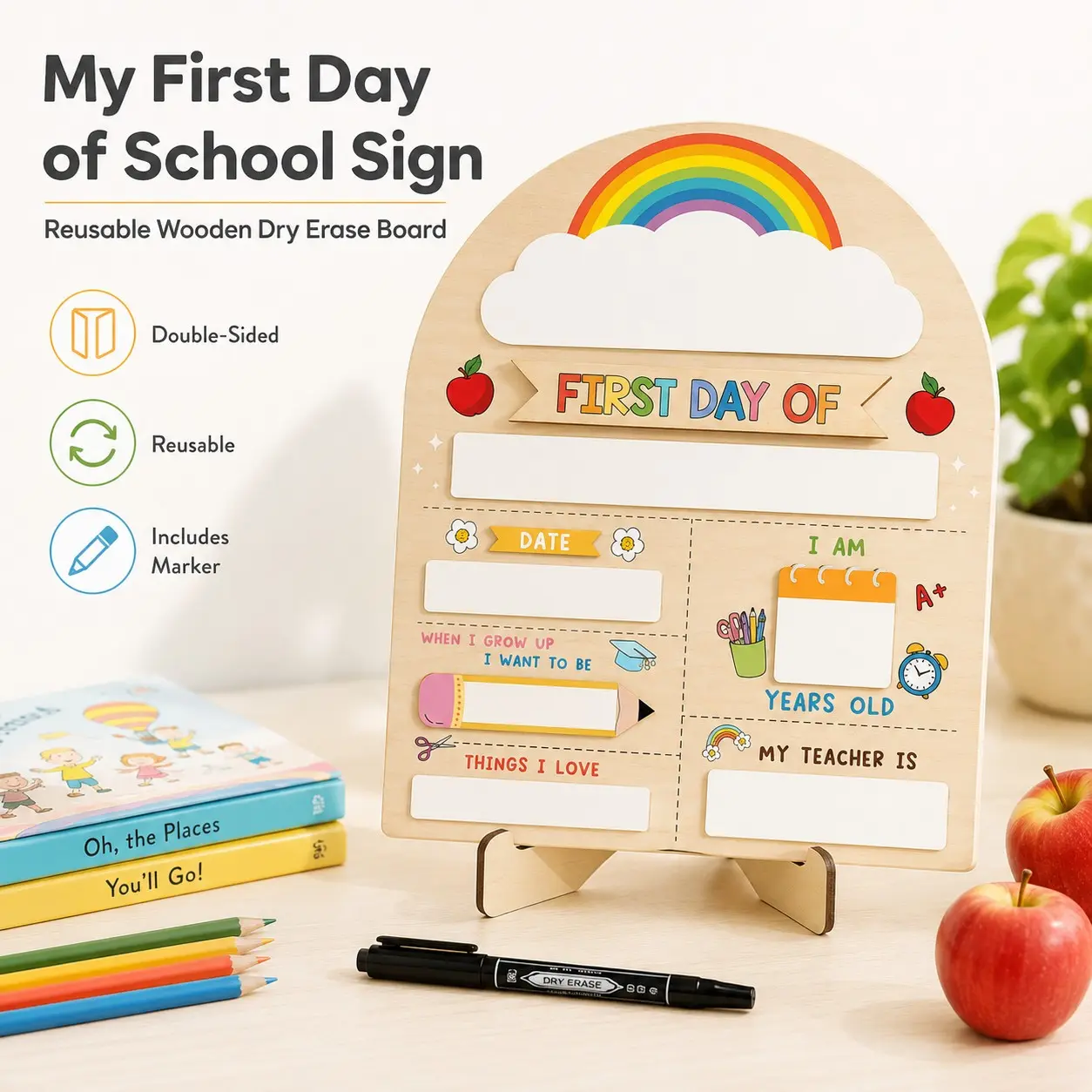 1 PC My First Day of School Sign 12"x10", Double-Sided Wooden Dry Erase Board, Reusable First and Last Day of School Sign, Easy-to-Write and Easy-to-Clean Photo Prop for Preschool, Pre-K, Kindergarten and Classroom, Classroom Decoration