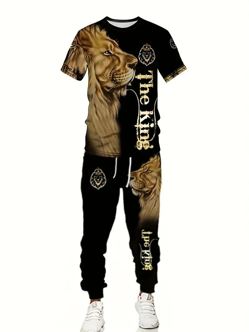 Men's 2-Piece Lion Printed Sportswear Set - Short-Sleeved T-Shirt, Pants, Summer Comfortable Menswear Clothing Set