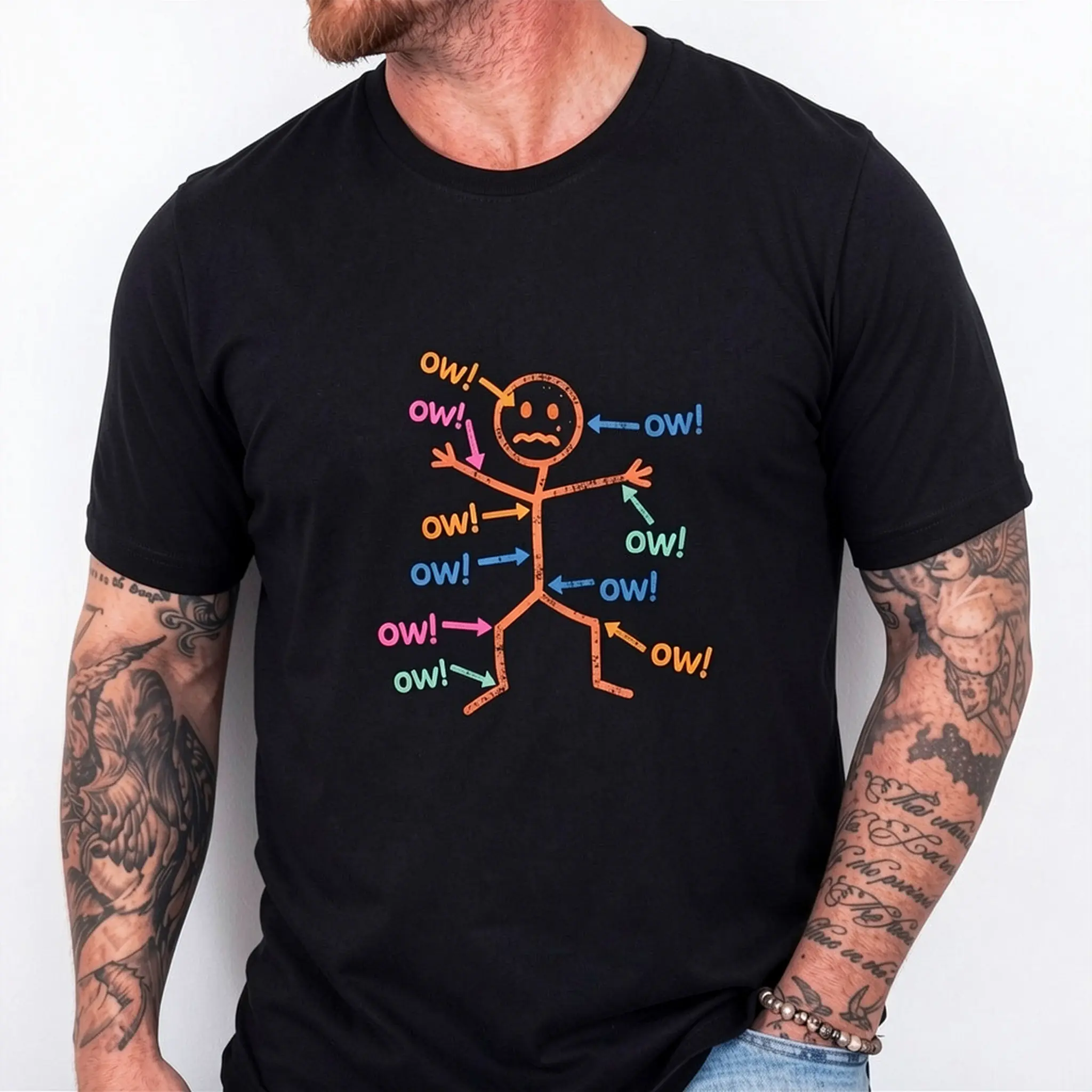 Funny Ow Ow Ow Ow Saying Body Pain Character Humor Sarcastic Cotton T-shirt, Graphic Crew Neck Soft Top Short Sleeve Casual Unsex Shirt for Men Women