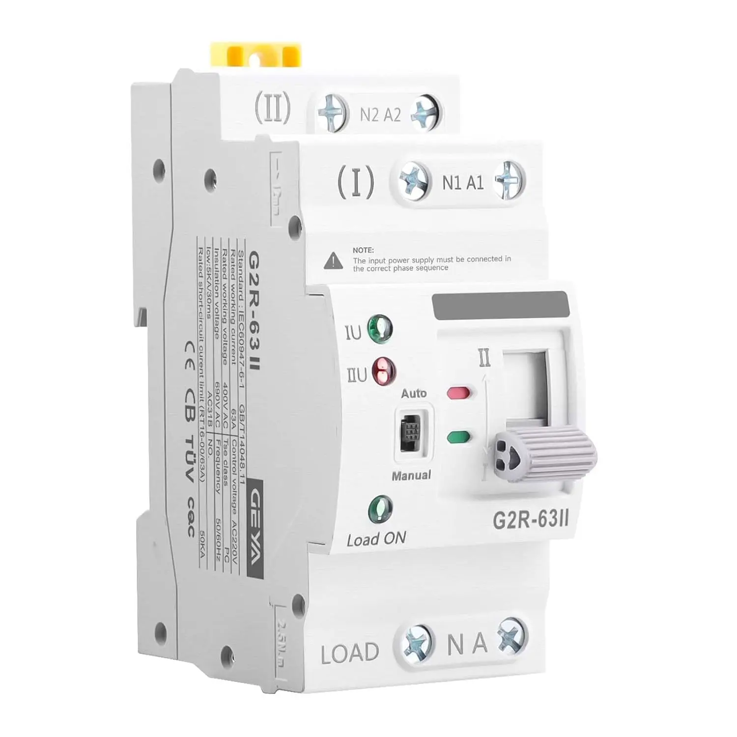 63A 110V AC Mini ATS Automatic/Manual Transfer Switch, 2-Pole G2R Solar Dual Power Changeover Switch, Din Rail Mount, 50/60Hz CE Certified for Home, RV Public/Backup Power