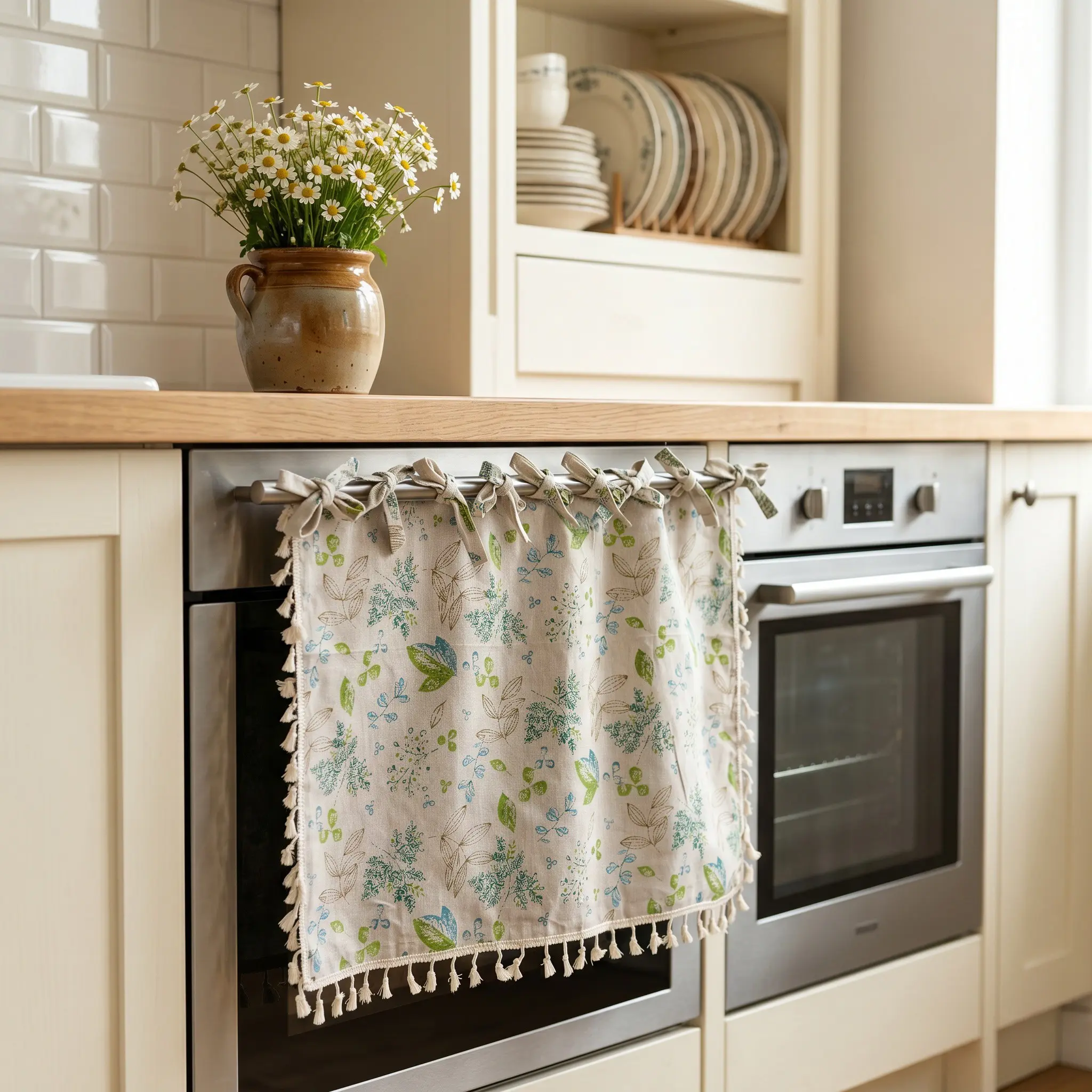 Linen Floral Oven Door Curtain with Tassel, Farmhouse Kitchen Dishwasher Cover, Heat Insulation Anti-oil Short Valance, Kitchen Curtains 1pc