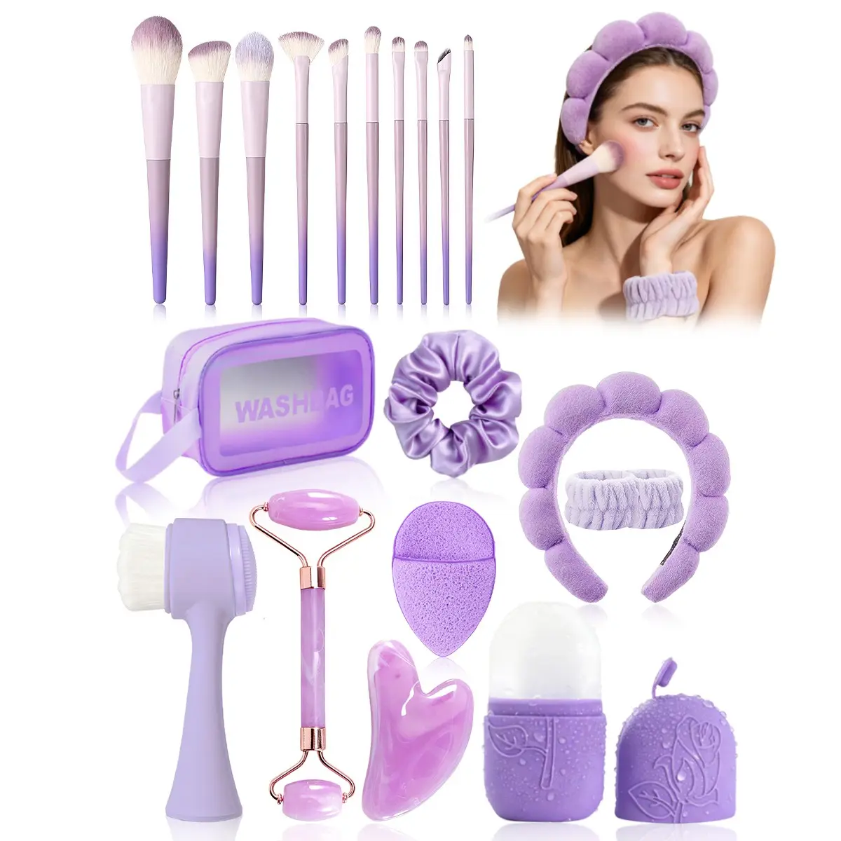 19-Piece Facial Massage Tool Set, Includes Makeup Brushes, Ice Roller, Gua Sha, Headband, Wrist Strap, Storage Bag, Ideal Gift