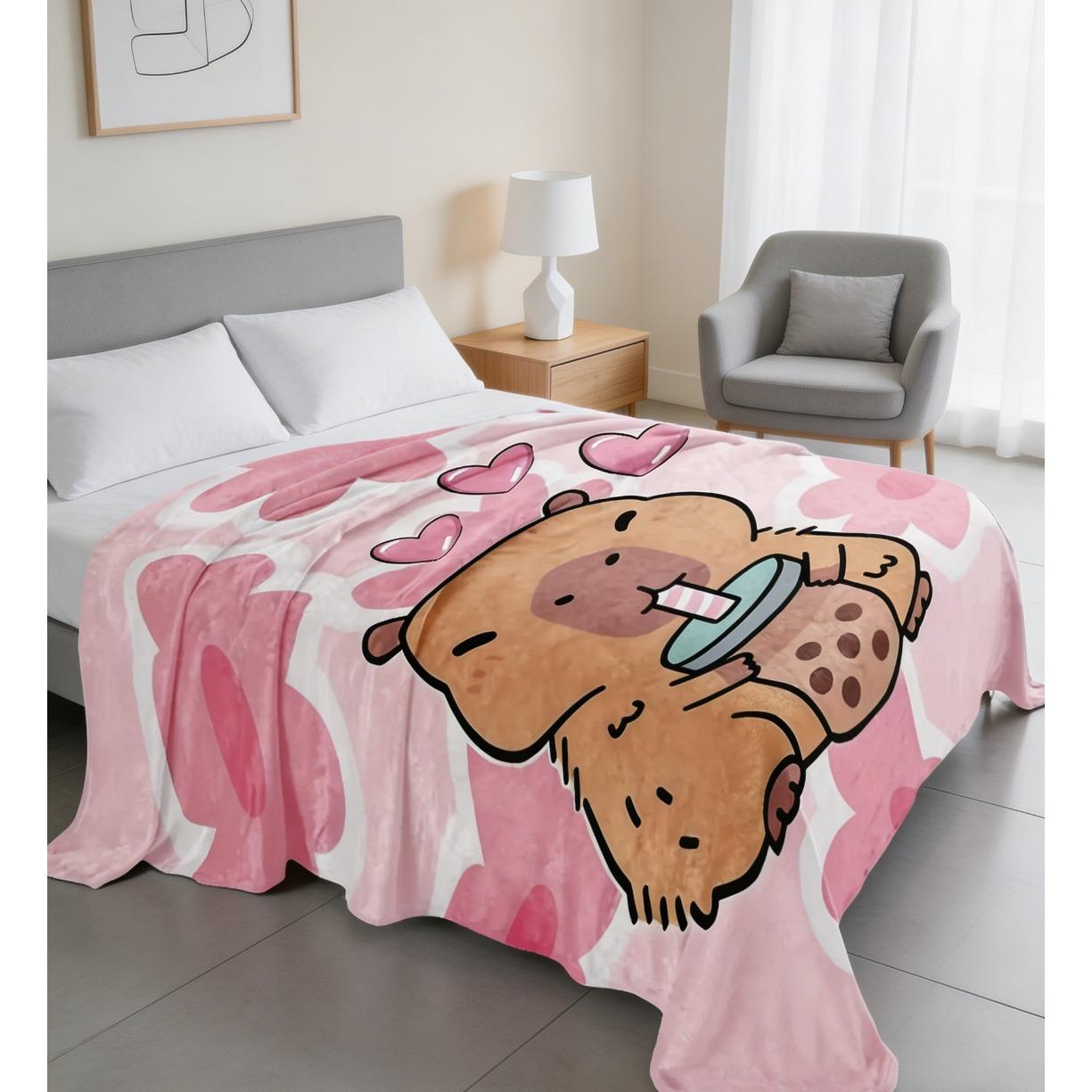 Capybara Bubble Tea Flannel Blanket, Cute Pink Floral Heart Throw Blanket, Soft Cozy Plush Blanket for Sofa Living Room, Food Themed Gift