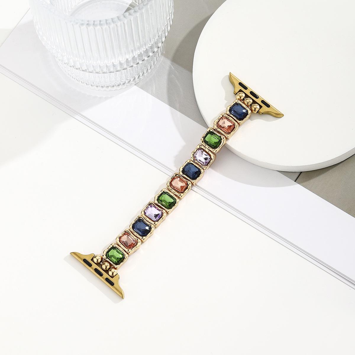 Apple Watch Gemstone Bracelet Band – Elastic Stretch Beaded Design with Metal Details, Fits 38–49mm, Elegant Jewelry Strap for Women