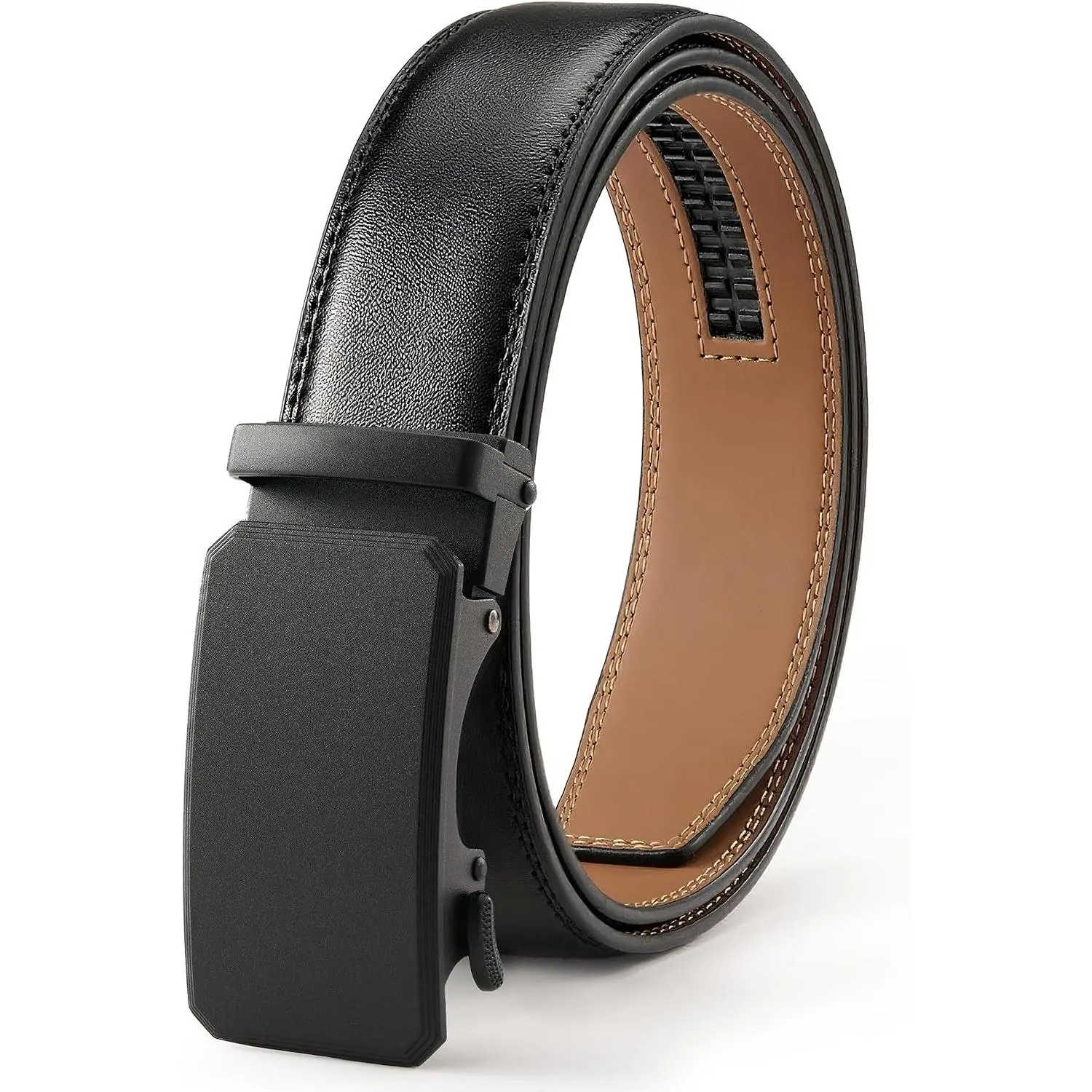 Men's Leather Ratchet Belt - 1/8" Wide Auto Ratchet Buckle, Trim-to-Fit Tail End, Holeless, Adjustable Fit, Modern Casual & Dress Belt with Gift Box