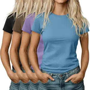 4 Pack Women's Basic Short Sleeve Shirts Slim Fitted Crew Neck Tees Casual Cotton Blend Summer Tops