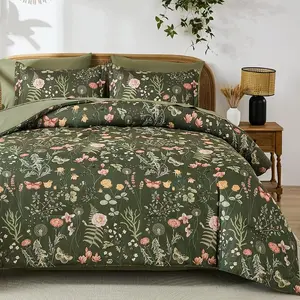 Queen Bed in a Bag 7 Piece Olive Green Floral Comforter Set Soft Lightweight Botanical Bedding