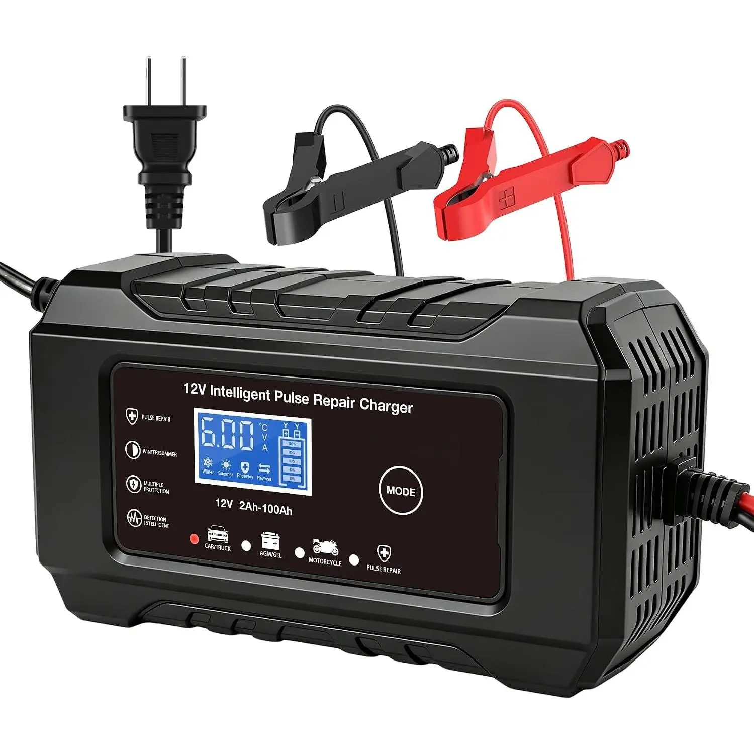 6A 12V   Charger  Maintainer Trickle Charger, Black |   Desulfator, Temperature Compensation, for   , Lawn Mower Marine