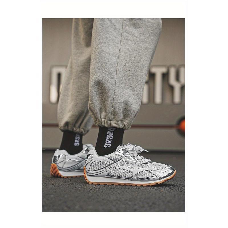 Metallic Mesh Paneled Retro Sneakers, Chunky Gum Sole, Multi Colorway Casual Streetwear Shoes for American Fashion Lovers