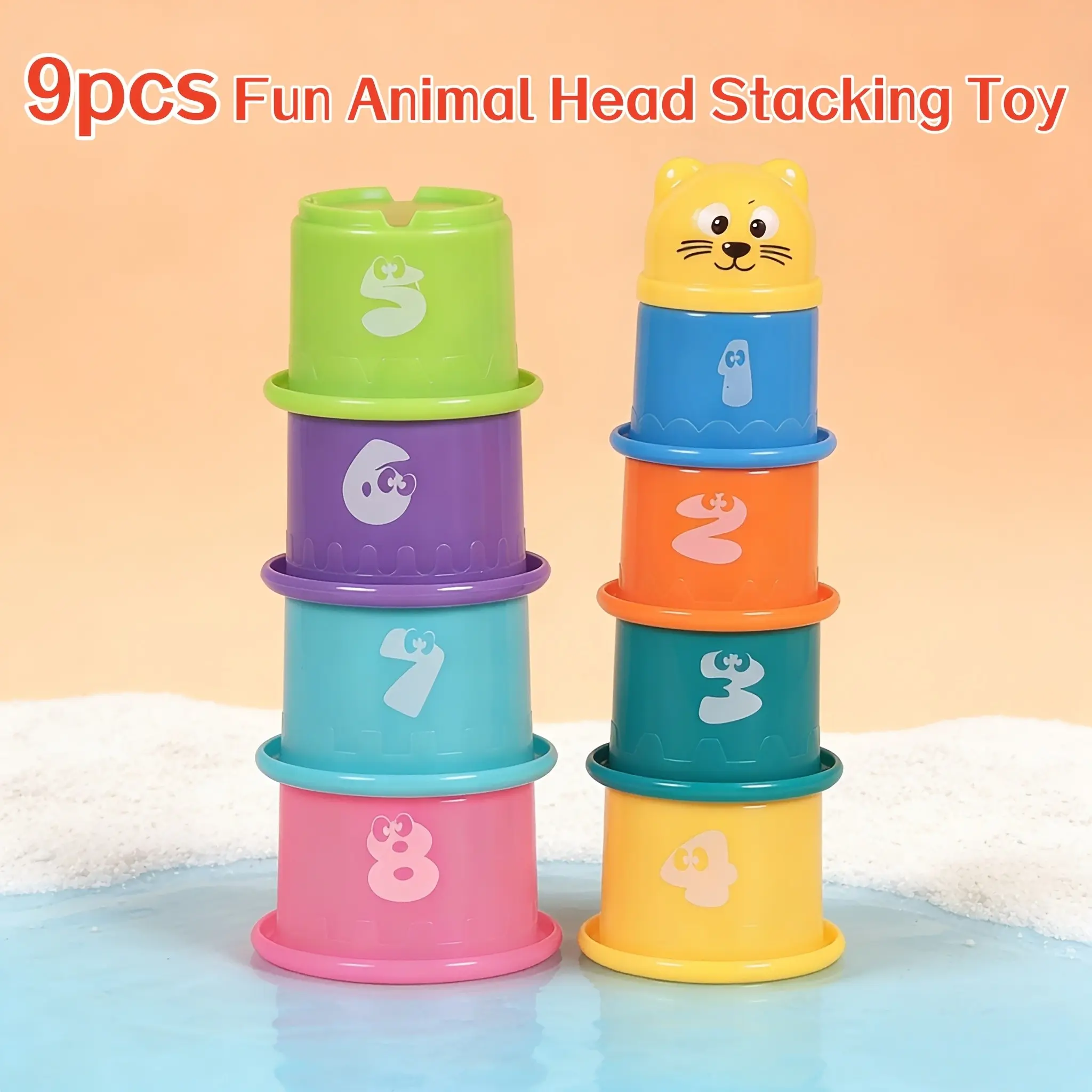 9PCS Fun New Round Stacking Cups- Random colors, Animal, Number, and Fruit Multi-Sided Printed Design, 9-Piece Set for Bath, Beach, and Water Play. An Ideal Gift for Holidays and Birthdays.