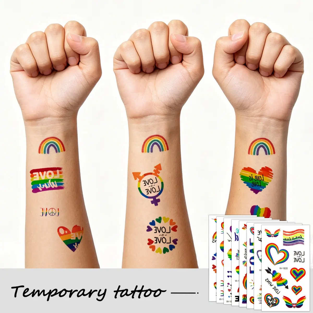 8 Sheets Rainbow Temporary Tattoos Waterproof Heart Stickers for Pride Parade Festival