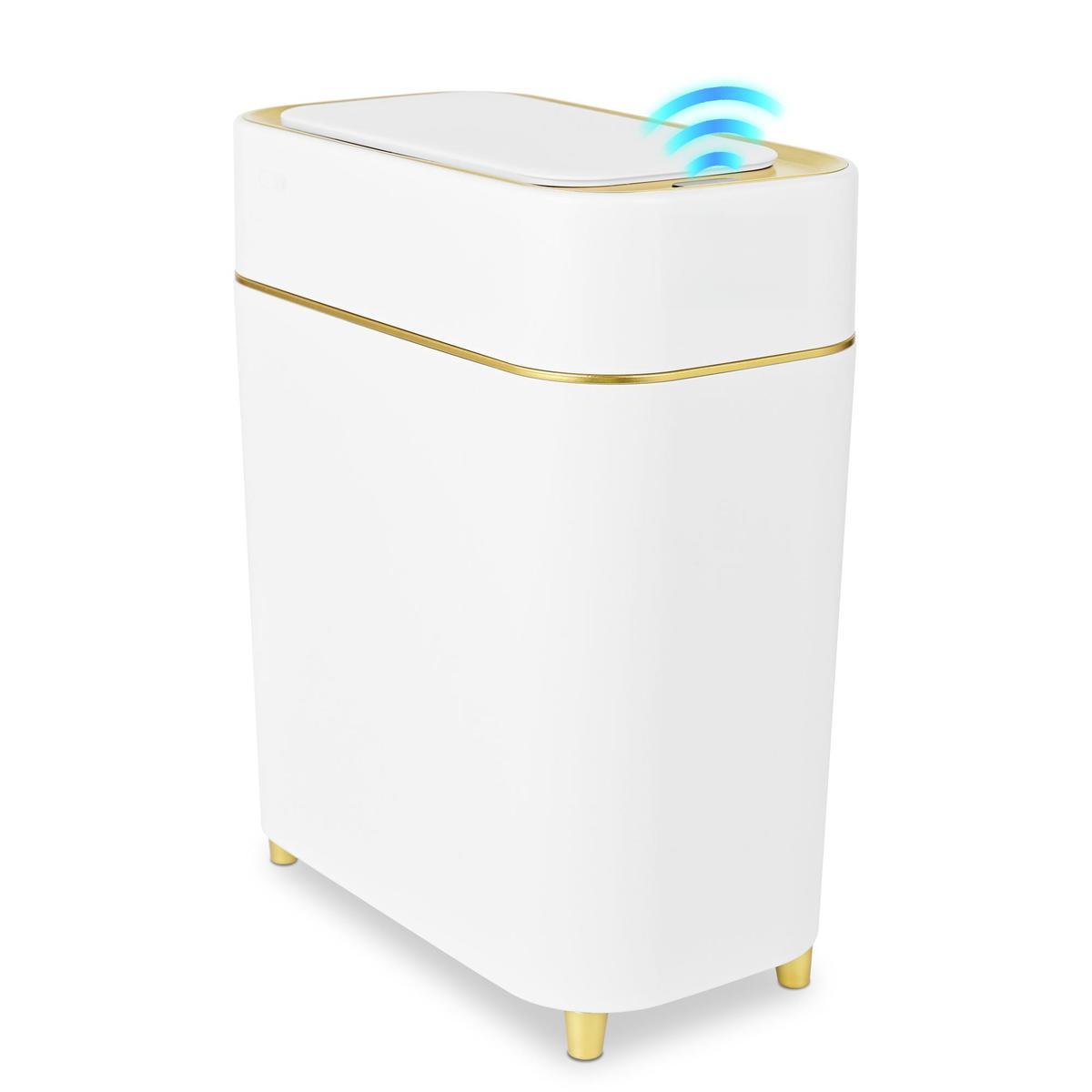 Auto-Sensor Trash Bin - Wave & Knee Induction Quick Voiceless Open Removable Liner Battery-Powered Motion Sensor Touchless Waterproof Durable Multipurpose Reusable Automatic Plastic White Gold