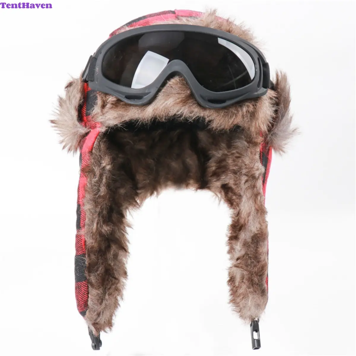 Red Black  Plaid Trapper Hat With Goggles, Faux Fur Lined Winter Aviator Hat, Windproof Cold Weather Earflap Hat For Skiing Motorcycle Outdoor