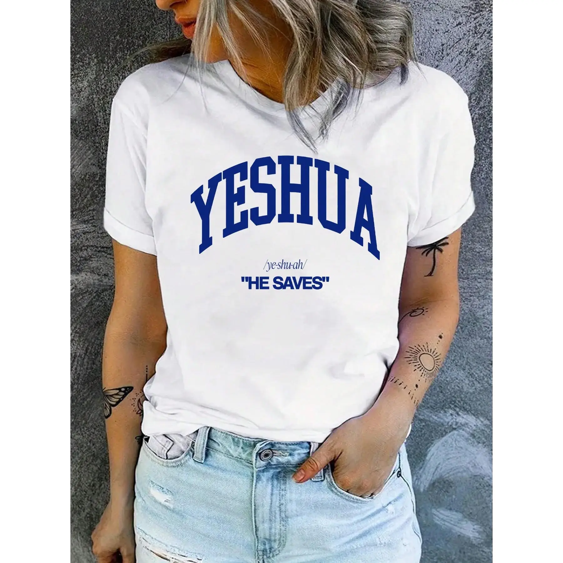 Women's Yeshua Letter Print Loose Seamless Knitted Fabric Crew Neck Shortsleeve Sports Top - 100% Polyester Regular-Length Spring/Summer Casual Tee (Women's Clothes), Cotton, Round Neck, Piece, One Piece