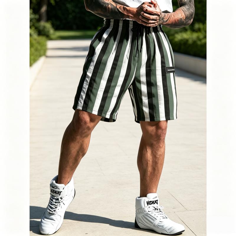 Men's Summer Striped High-Stretch Fitted Cut Casual Drawstring Short Pants, Athletic Look, Suitable for Outdoor Jogging, Basketball