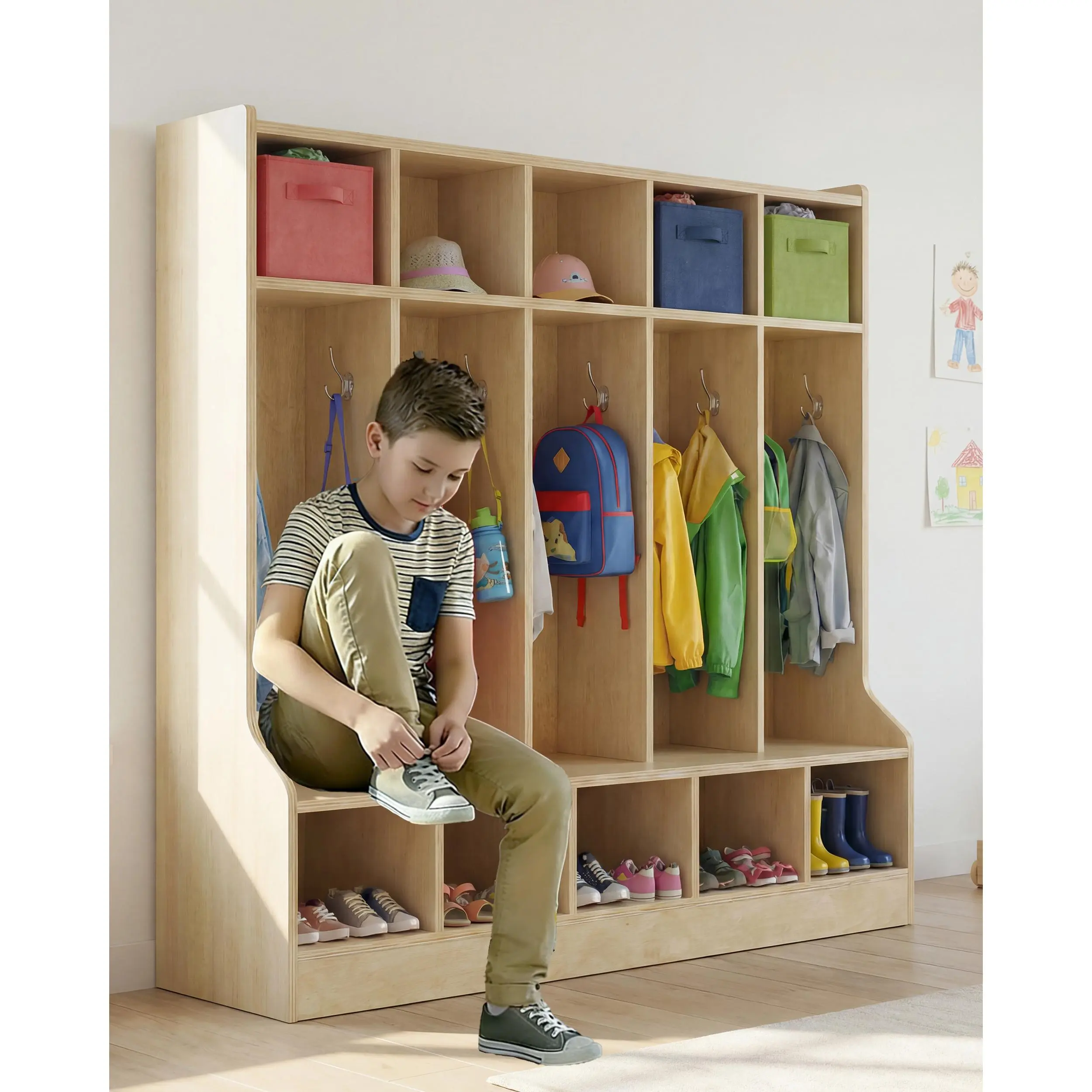 Kids Coat Locker with Bench for Classroom, Smooth Wood Surface 10 Cubbies, Daycare Cubby with 4 Hidden Casters & 10 Hooks & 2 Storage Boxes, Storage Organizer for  Kindergarten, Home, School