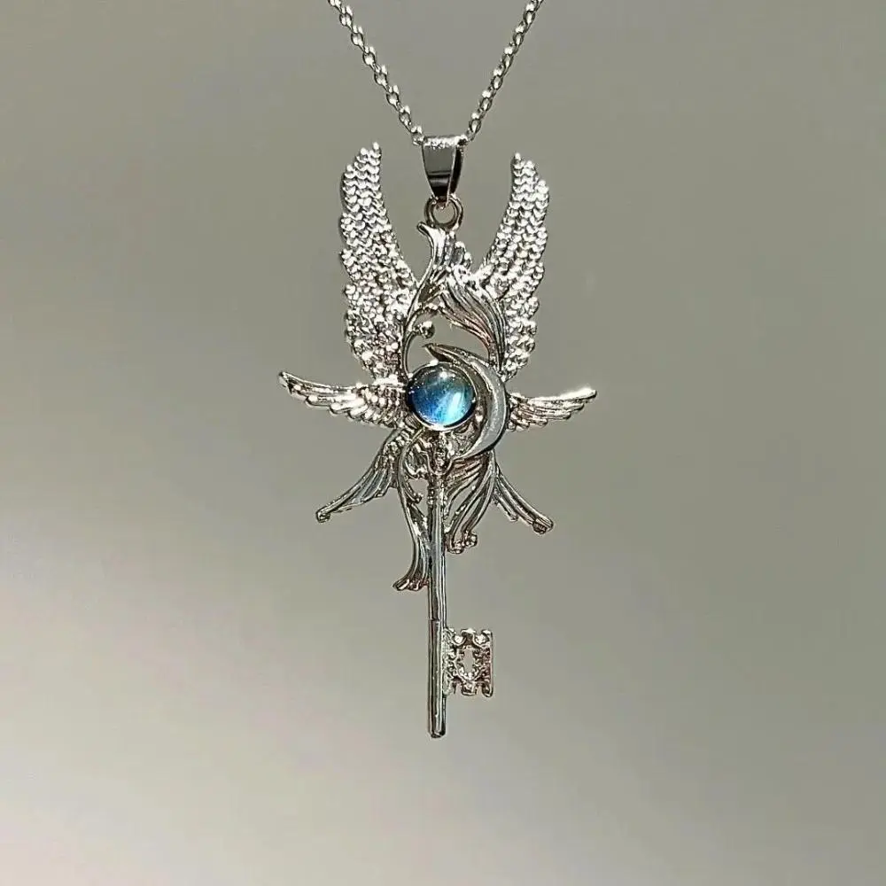 Retro Personality Revenge Angel Blue Moonlight Gemstone Angel Wings Key Pendant Necklace for Men Women Jewelry Accessories Gifts