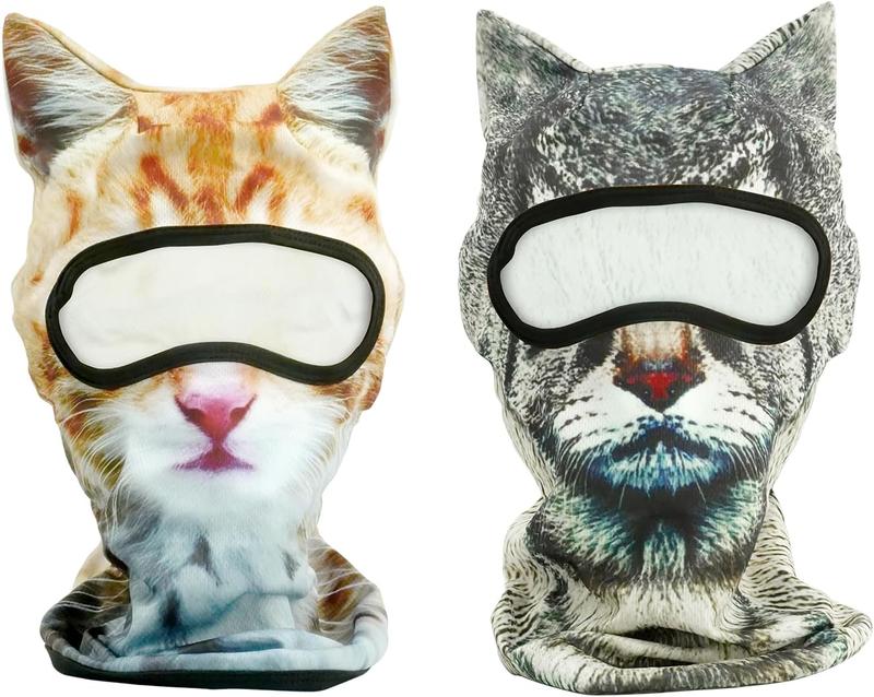 2 Pack 3D Cat Ski Mask with Ears Funny Animal Balaclava for Winter Sports Outdoor Activities Halloween Costumes Breathable Face Cover for Men Women