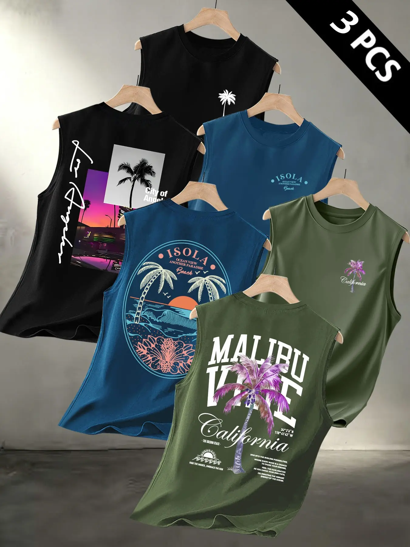 Men Crew Neck Sleeveless Tank Top, Front Mini Tropical Palm Tree Print & Back California Beach Los Angeles Sunset Wave Graphic Loose Soft Summer Casual Workout Vest #CaliforniaTankTop #BeachPrintVest #SummerSleevelessShirt