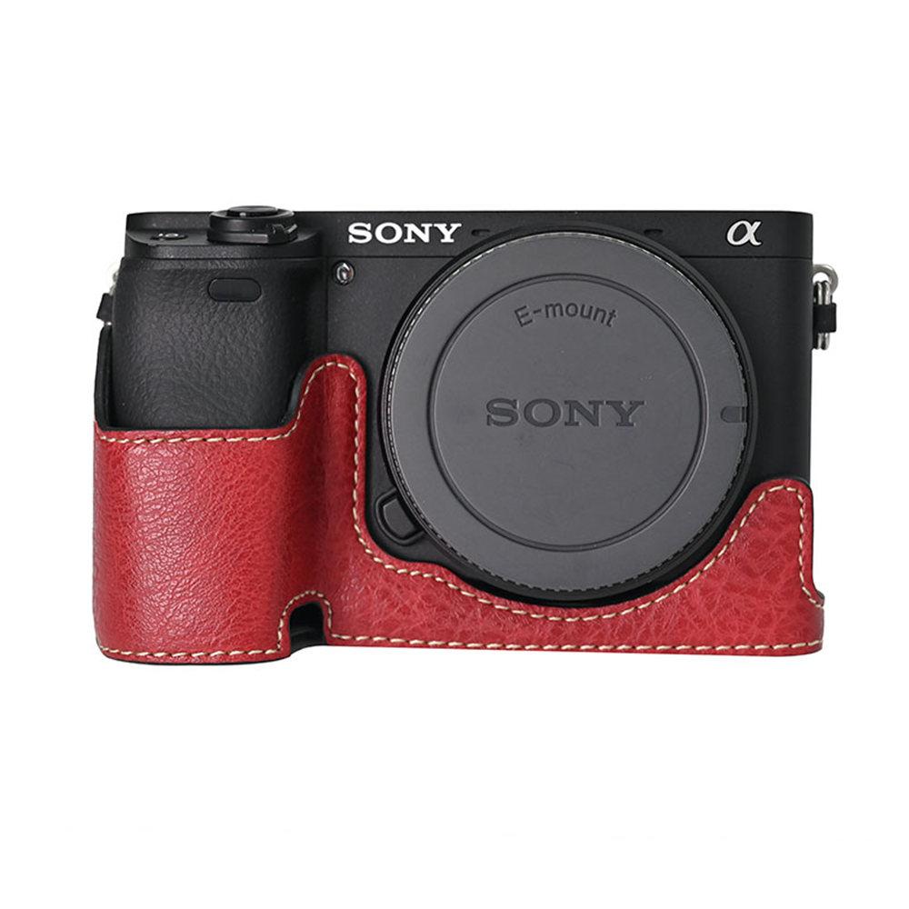 Litchi Pattern PU Leather Camera Half Case for Sony A6300 A6400 A6000 A6100 Bottom Opening Magnetic Cover With Strap