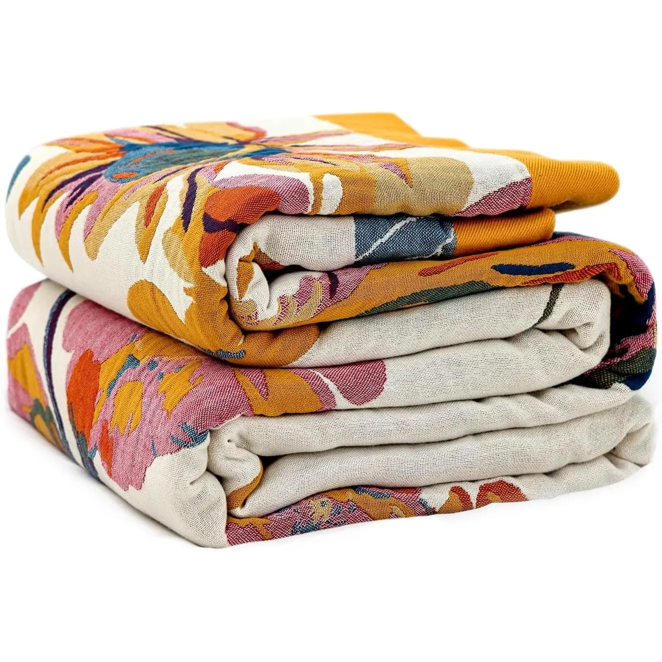 Reversible Jacquard Print Rectangular Boho Cotton Throw Blanket, 60"x80" 100% Cotton Lightweight Breathable Gauze, All-Season Couch Bed Chair Decor, Floral Butterfly Design