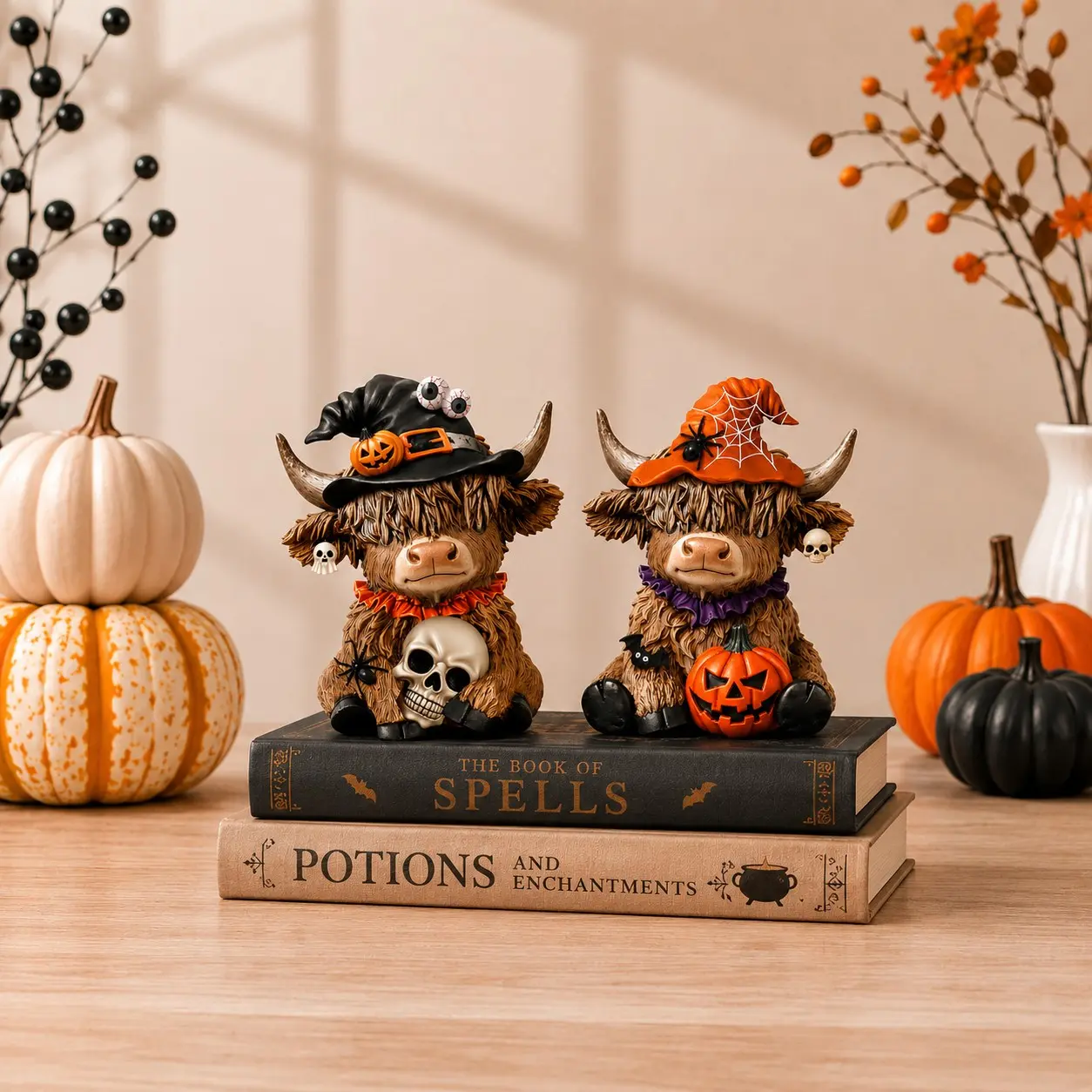 Halloween Highland Cow Figurine, 2 Styles Cute Cow Statue with Witch Hat, Pumpkin or Skull, Spooky Tabletop Ornament for Home Party Decor