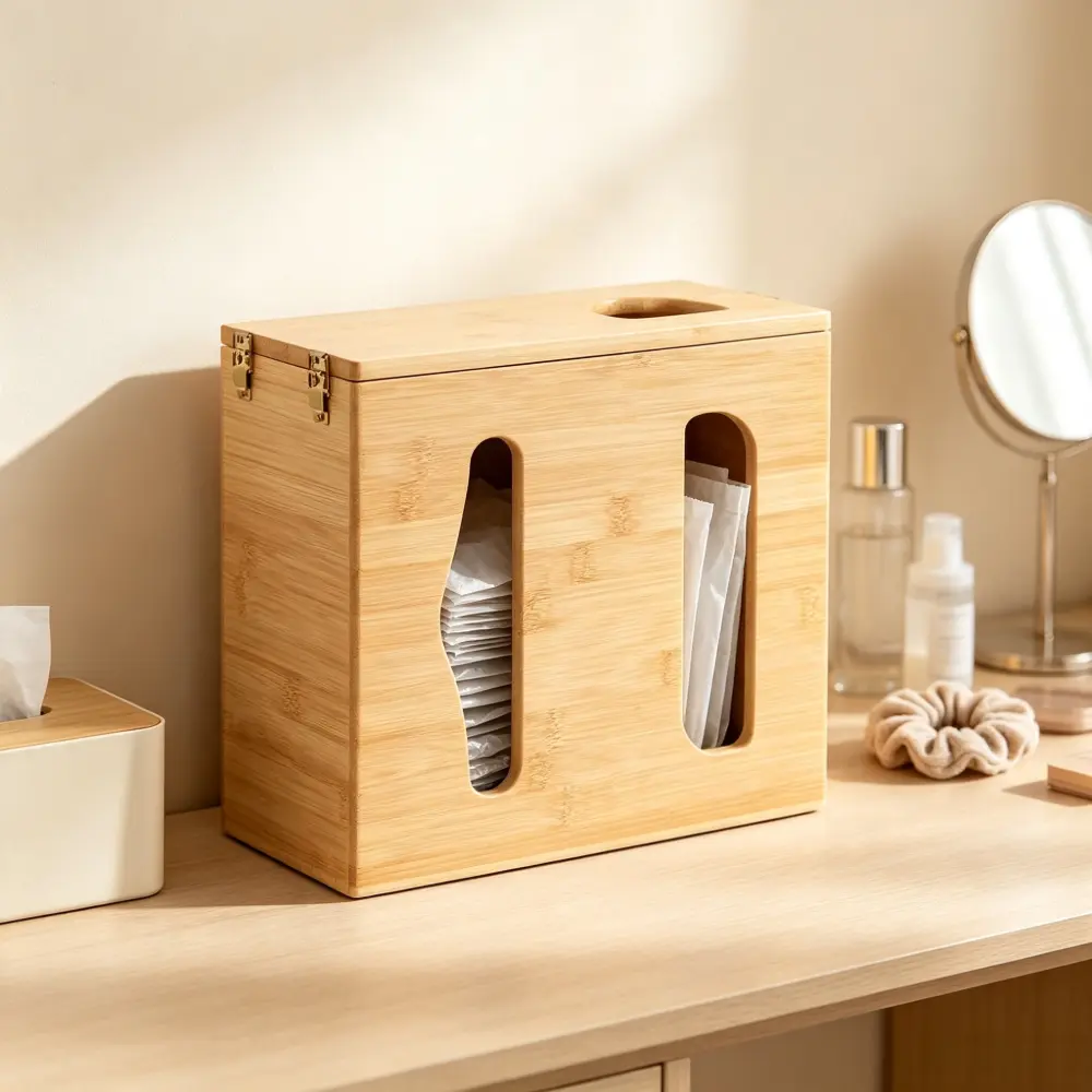 SICANDAENHK Wall-Mounted Bamboo Plastic Bag Organizer for Home Kitchen, Rectangle Flip-Top Pouch Box with Transparent Window, Labeled TRASH-GROCERY Compartments, Natural Durable Universal Home Organizer