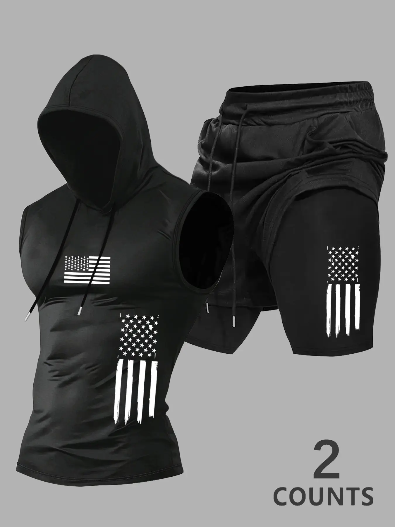 Men's Summer Outdoor Sports Set, Breathable Sporty Outfits, Casual Sporty Design, Flag Print Hooded Sleeveless Vest + Casual Waist Drawstring Shorts, Comfortable Breathable Fabric, 2 Pieces