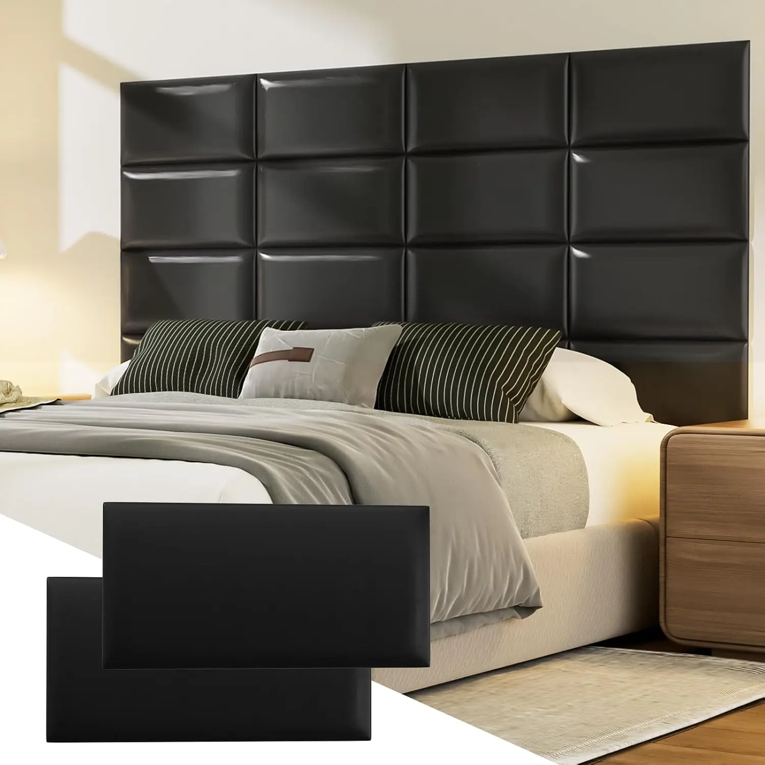 Upholstered Headboard Panels, 4 Panels Sized 7.8" x 15.7" Peel and Stick Padded Wall Panels for ,  Anti- Wall Mounted Bed headboard for Full, Black