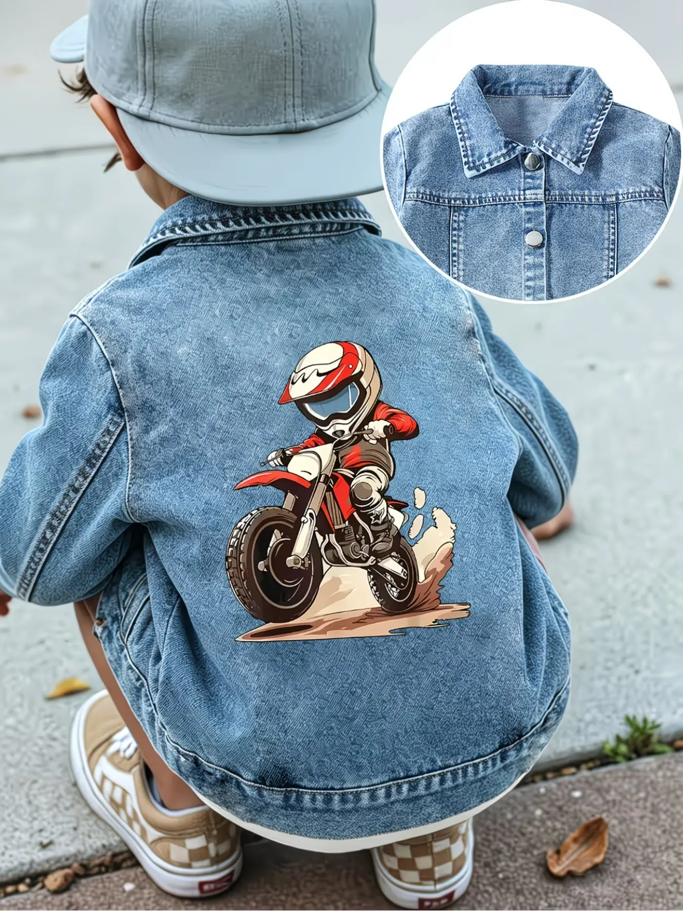 Cool Fun Denim Jacket with Motorcycle Car Smile Print, Casual Fitted Outerwear for Spring Fall, Trendy Kids' Clothing