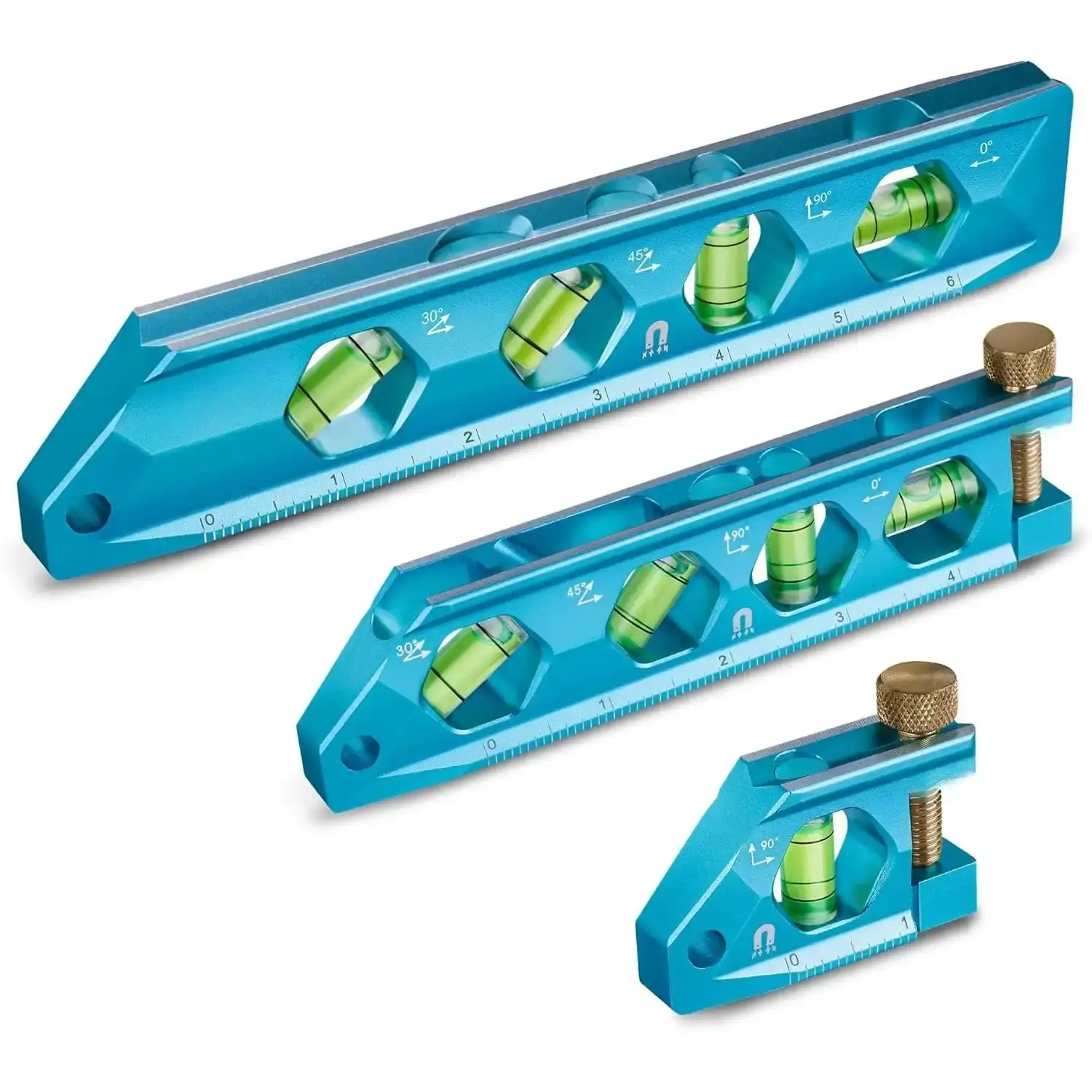 3- Level Tool Set,  Torpedo Level Included 2.5", 6.25", 8" Leveler with 0?/30?/45?/90?Bubbles, V-Groove, Large Viewing Window, Aluminium Alloy Construction, SAE and Metric Scale