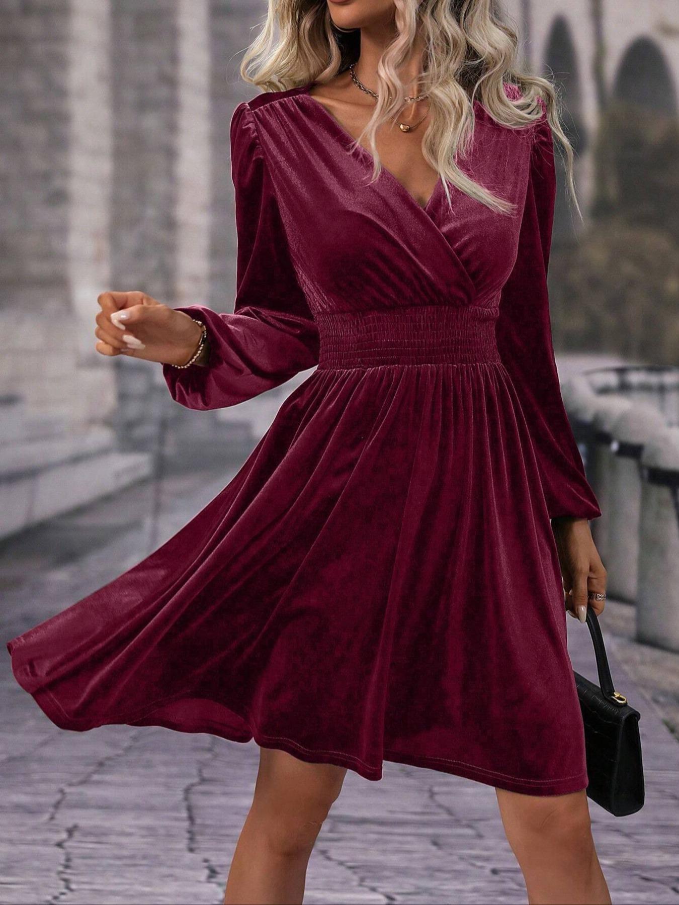 Women's Velvet Satin Dress, Waist Cinched Lantern Sleeves, Slimming Design, Party Wear, High-End Feel, Spring & Fall Fashion