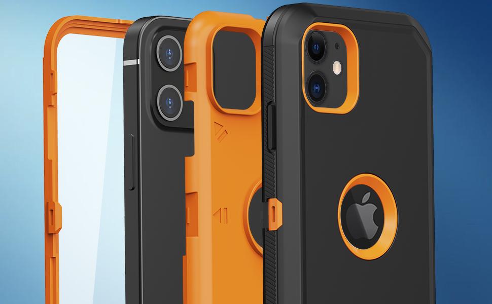 for iPhone 11 Case, with Built in Screen Protector Heavy Duty Drop Protection, Full Body Rugged Shockproof Dust Proof 3- Layer Tough Protective Phone Cover for Apple iPhone 11 Black/Orange