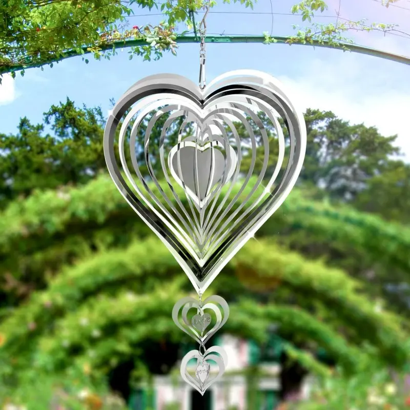 Three-Layer Heart Mirror Stainless Steel 3D Rotating Wind Chime, Romantic Garden Decor, Bird Repellent Hanging Ornament